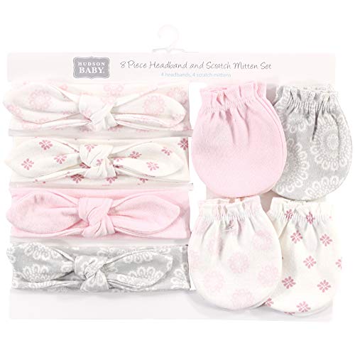 Hudson Baby Infant Girl Cotton Headband and Scratch Mitten Set Lace Medallion, 0-6 Months