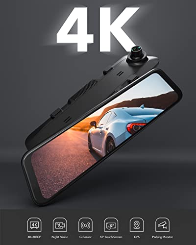 WOLFBOX G850 4K Mirror Dash Cam,12'' Mirror Dash Cam Front and Rear,1080P Rear View Mirror Camera,Dual Dash Camera for Cars with 64GB TF Card and GPS,Super Night Vision,Parking Monitoring