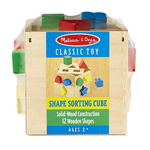 Melissa and Doug Shape Sorting Cube - Classic Wooden Toy With 12 Shapes - Kids Shape Sorter Toys For Toddlers Ages 2+