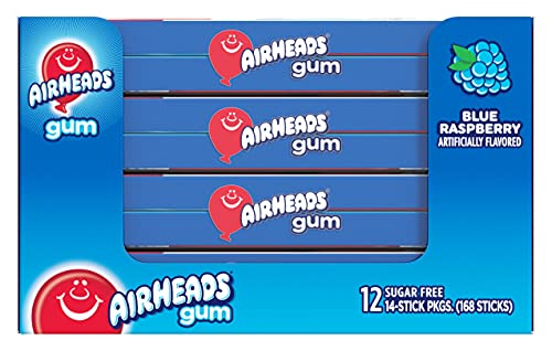 Airheads Candy, Chewing Gum, Blue Rasberry Flavor, Sugar Free, Xylitol, 14 Sticks per Pack, Box of 12 Packs