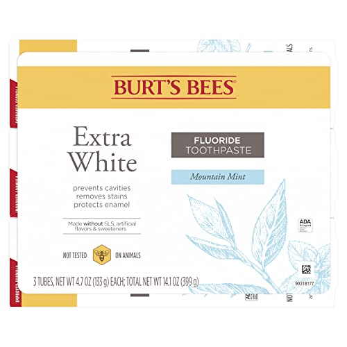 Burt’s Bees Extra White Toothpaste, Fluoride Toothpaste, Natural Flavor, Mountain Mint, 4.7 oz, Pack of 3