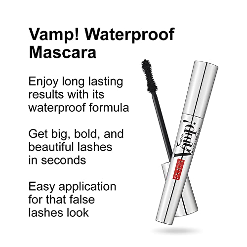 Pupa Milano Vamp! Waterproof Mascara - Add Extreme Volume and Length to Lashes - Serum-Infused Formula Promotes Thicker Lash Appearance - Smudge, Clump, and Water Resistant - 001 Extra Black - 0.3 oz
