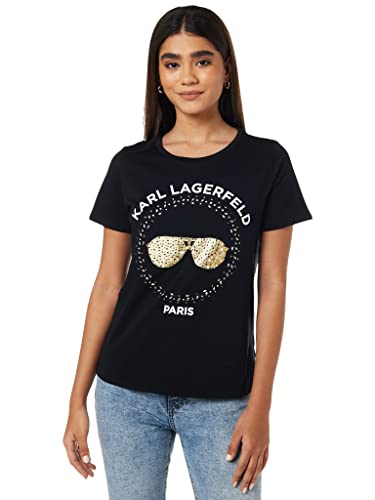 Karl Lagerfeld Paris womens Short Sleeve Sequin Sunglass Tee T Shirt, Sequin Sunglass Black, Medium US