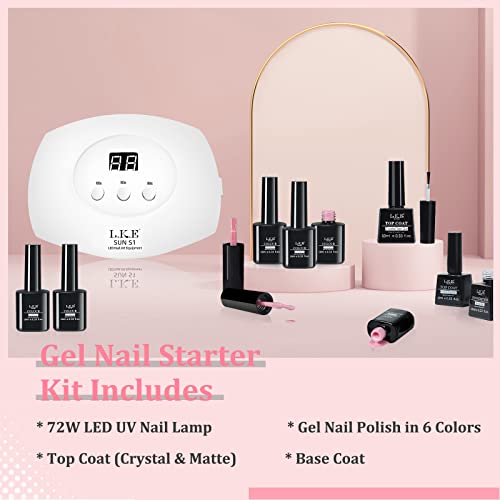 LKE Gel Nail Polish Kit with U V Light Starter Kit, 72W LED UV Nail Lamp with 6 Colors Nude Pink White Gel Nail Polish Set with Gel Top and Base Coat Nail Art DIY Manicure Gel Nail Kit Gifts for Women