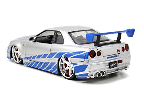 Jada Toys Fast and Furious Brian’s 2002 Nissan Skyline R34 Die-cast Car, 1:24 Scale, Silver and Blue