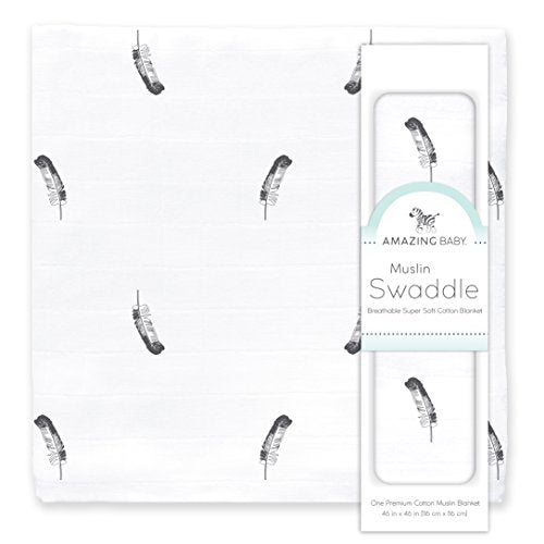 Amazing Baby Muslin Swaddle Blanket, Premium Cotton, Little Feather, Gray and Soft Black, 1 pack