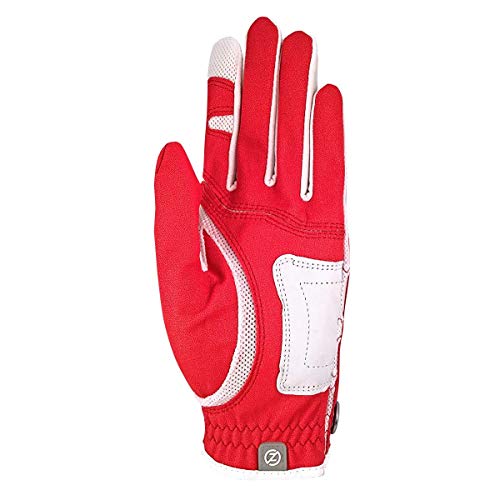 Zero Friction Ladies Compression-Fit Synthetic Golf Glove (2 Pack with Free Pack of tees), Universal Fit One Size, White/Red
