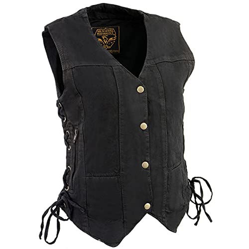 Milwaukee Leather MDL4020 Women's Classic Black ‘6 Pocket’ Side Lace Denim Vest - 3X-Large