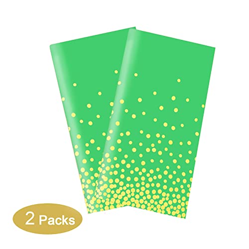Gexolenu 2 Pack Premium Green and Gold Disposable Plastic Tablecloth for Rectangle Tables(54' x 108'), Disposable Waterproof Table Cover for Birthday, Graduation, Gold Table Cloths Party Supplies