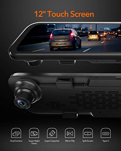 WOLFBOX G840S 12' 4K Mirror Dash Cam Backup Camera, 2160P Full HD Smart Rearview Mirror for Cars and Trucks, Front and Rear View Dual Cameras, Night Vision, Parking Assistance, Free 32GB Card and GPS