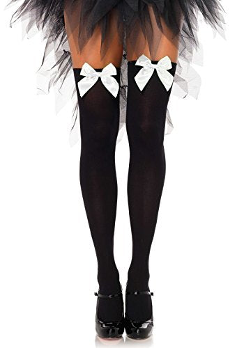 Leg Avenue Women's Satin Bow Accent Thigh Highs, Black/White, One Size