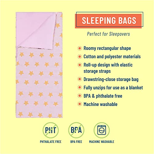 Wildkin Kids Sleeping Bags for Boys and Girls, Measures 66 x 30 x 1.5 Inches, Cotton Blend Materials Sleeping Bag for Kids, Ideal for Parties, Camping and Overnight Travel (Pink and Gold Stars)