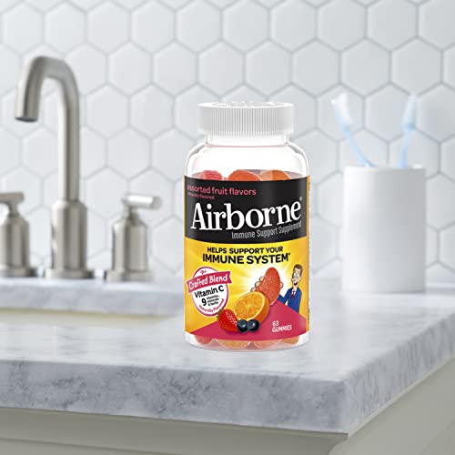 Airborne Vitamin C 750mg (per serving) - Assorted Fruit Gummies (63 count in a bottle), Gluten-Free Immune Support Supplement With Vitamins C E, Selenium