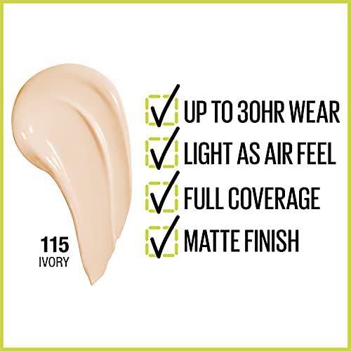 Maybelline Super Stay Full Coverage Liquid Foundation Active Wear Makeup, Up to 30Hr Wear, Transfer, Sweat and Water Resistant, Matte Finish, Ivory, 1 Count
