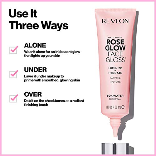 Face Primer by Revlon, PhotoReady Face Gloss Rose Glow, Face Makeup for All Skin Types, Hydrates, Illuminates and Moisturizes, Infused with Glycerin and Olive Oil Extract, 80% Water, 1 Fl Oz