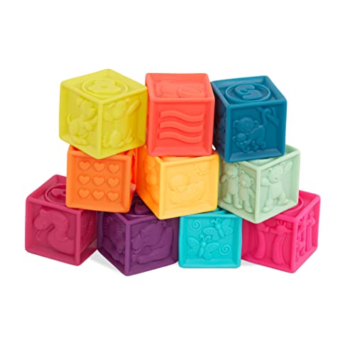 B. toys One Two Squeeze Baby - Building Blocks for Toddlers Educational Toys 6 Months and Up with Numbers, Shapes, Animals and Textures â€“ 10 Soft and Colorful Stacking Blocks