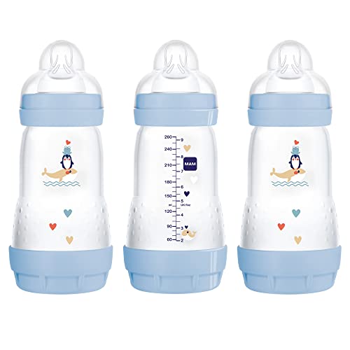 MAM Easy Start Anti Colic Baby Bottle 9oz, Easy Switch Between Breast and Bottle, Reduces Air Bubbles and Colic, 3 Pack, 2+ Months, Boy