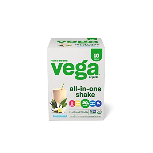 Vega Organic All-in-One Vegan Protein Powder French Vanilla (10 Sachets) Superfood Ingredients, Vitamins for Immunity Support, Keto Friendly, Pea Protein for Women and Men, 13.5oz (Packaging May Vary)