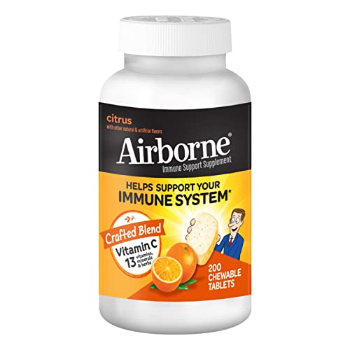 Airborne 1000mg Chewable Tablets with Zinc, Immune Support Supplement with Powerful Antioxidants Vitamins A C and E - 200 Tablets, Citrus Flavor