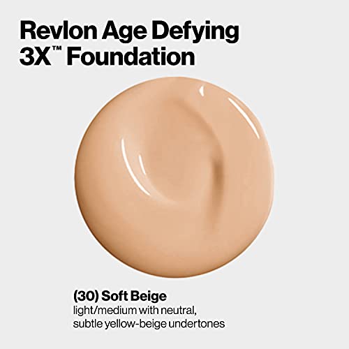 Liquid Foundation by Revlon, Age Defying 3XFace Makeup, Anti-Aging and Firming Formula, SPF 30, Longwear Medium Buildable Coverage with Natural Finish, 030 Soft Beige, 1 Fl Oz