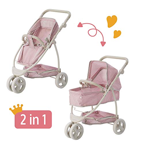 Olivia's Little World Baby Doll Stroller Polka Dots Princess Collection, Convertible Doll Pram with Storage Basket for 18' Dolls, Pink and Gray
