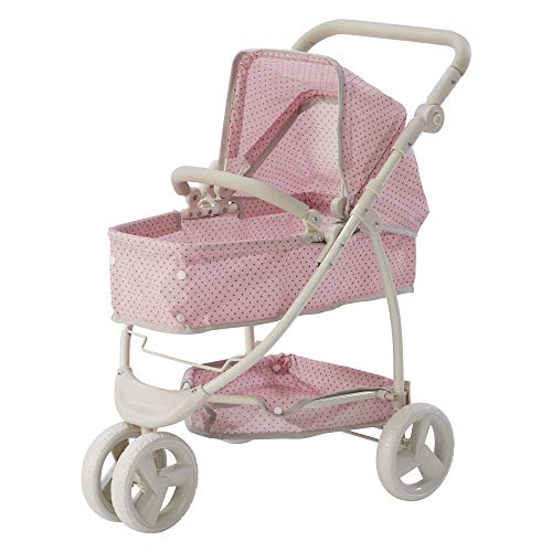 Olivia's Little World Baby Doll Stroller Polka Dots Princess Collection, Convertible Doll Pram with Storage Basket for 18' Dolls, Pink and Gray