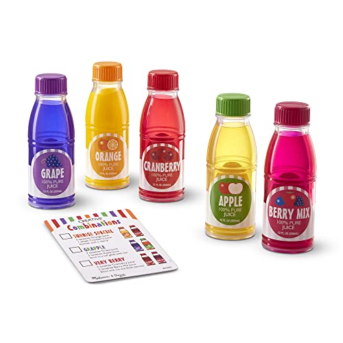 Melissa and Doug Tip and Sip Toy Juice Bottles and Activity Card (6 Pcs) - Pretend Play Food Set, Play Kitchen Food For Ages 3+