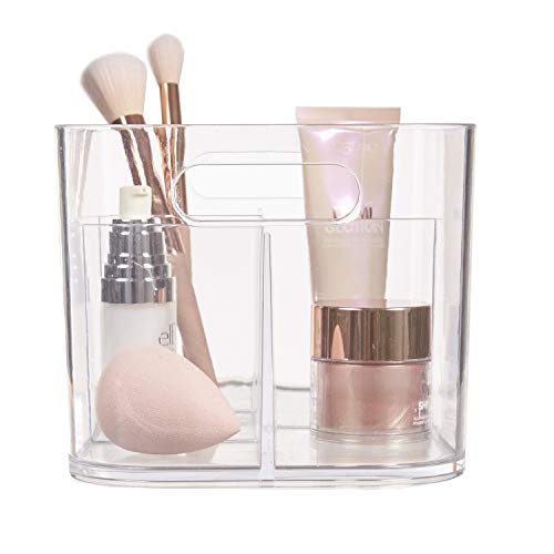 STORi Bliss 5-Compartment Plastic Cosmetic Organizer | Clear | Rectangular Divided Makeup Bin and Vanity Storage Caddy with Pass-Through Handles | Round Corner Design | Made in USA