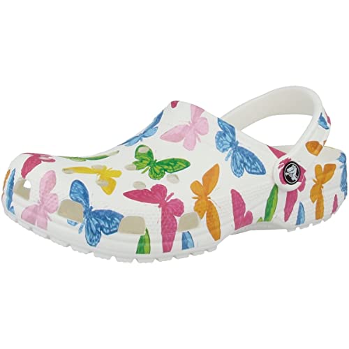 Crocs Unisex- Adult Classic Printed Floral Clogs, Butterfly/White, 13 Women/11 Men