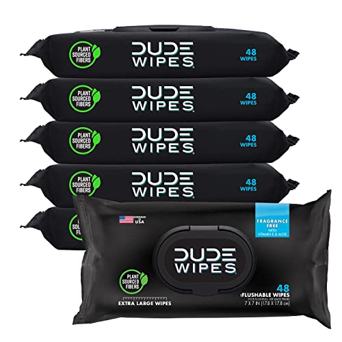 DUDE Wipes Flushable Wipes - 6 Pack, 288 Wipes - Unscented Wet Wipes with Vitamin-E and Aloe for at-Home Use - Septic and Sewer Safe