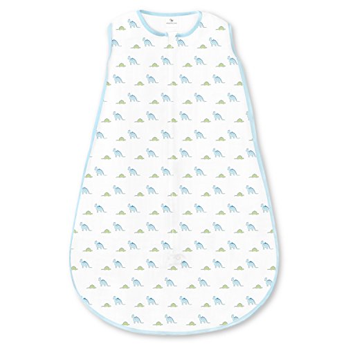 Amazing Baby Cotton Sleeping Sack, Wearable Blanket with 2-way Zipper, Pastel Blue Tiny Dinos, Large (12-18mo)