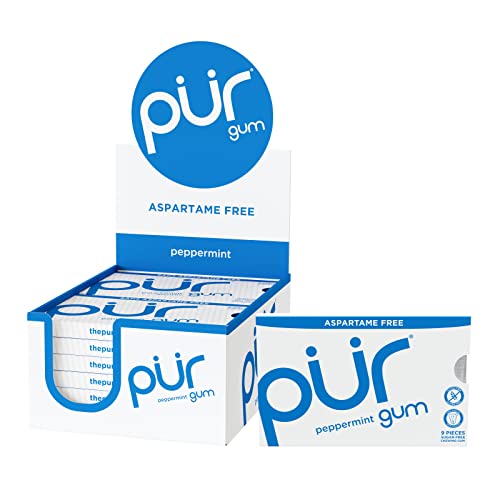 PUR Gum | Sugar Free Chewing Gum | 100% Xylitol | Vegan, Aspartame Free, Gluten Free and Keto Friendly | Natural Peppermint Flavored Gum, 9 Pieces (Pack of 12)