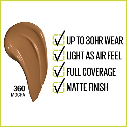 Maybelline Super Stay Full Coverage Liquid Foundation Active Wear Makeup, Up to 30Hr Wear, Transfer, Sweat and Water Resistant, Matte Finish, Mocha, 1 Count