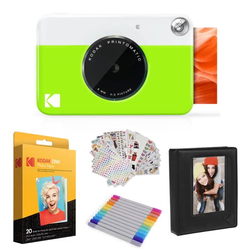 Kodak Printomatic Instant Camera (Green) Gift Bundle + Zink Paper (20 Sheets) + Deluxe Case + 7 Fun Sticker Sets + Twin Tip Markers + Photo Album.