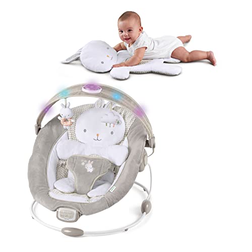 Ingenuity InLighten Baby Bouncer Infant Seat with Light Up Toy Bar, Vibrations, Tummy Time Pillow and Sounds, 0-6 Months Up to 20 lbs (Twinkle Tails Bunny)