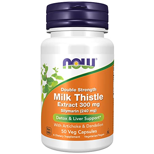 NOW Supplements, Silymarin Milk Thistle Extract 300 mg with Artichoke and Dandelion, Double Strength, Supports Liver Function*, 50 Veg Capsules