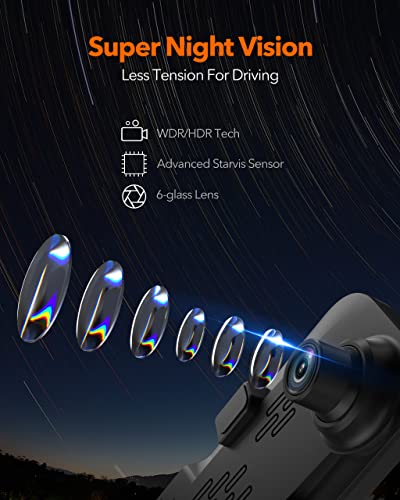 WOLFBOX G840S 12' 4K Mirror Dash Cam Backup Camera, 2160P Full HD Smart Rearview Mirror for Cars and Trucks, Front and Rear View Dual Cameras, Night Vision, Parking Assistance, Free 32GB Card and GPS