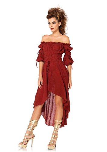Leg Avenue Women's M Gauze High Low Peasant Dress with Tie Up Waist and Sleeves, Burgundy, Medium/Large