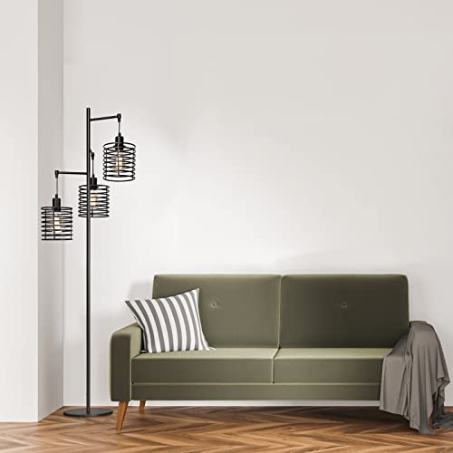 FIRVRE Modern Industrial Floor Lamp Black 3 Light Bright Vintage Pole Light Farmhouse Rustic Standing Tree Lamp with Elegant Cage Heads Tall Lamps for Living Room Bedroom Office Dining Room