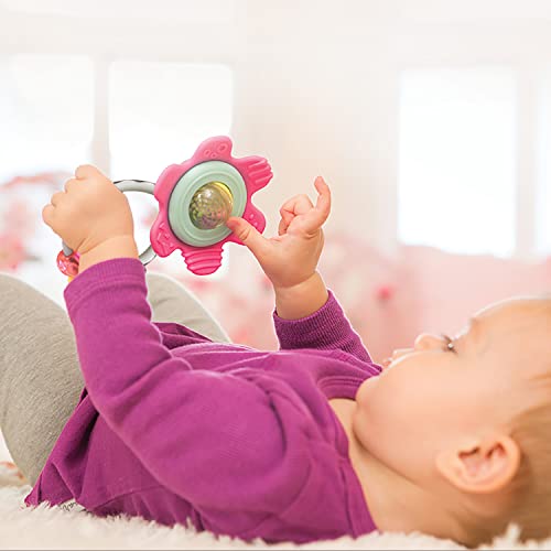 Infantino Spin and Teethe Gummy Pink Flower Rattle - Easy to Grab, Chewy Rings, Multi-Texutre Petals, Roller Ball Center - Teething and Sensory Play, Ages 0 Months +