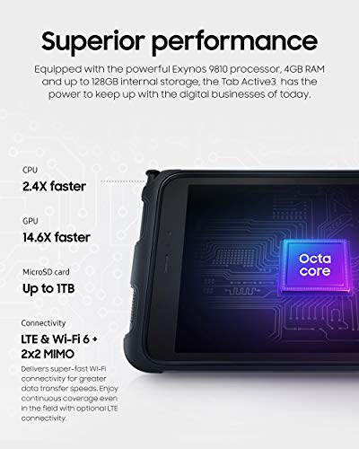 Samsung Galaxy Tab Active3 Enterprise Edition 8” Rugged Multi Purpose Tablet |128GB and WIFI and LTE (UNLOCKED) | Biometric Security (SM-T577UZKGN14), Black