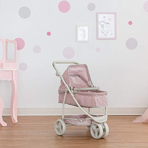 Olivia's Little World Baby Doll Stroller Polka Dots Princess Collection, Convertible Doll Pram with Storage Basket for 18' Dolls, Pink and Gray