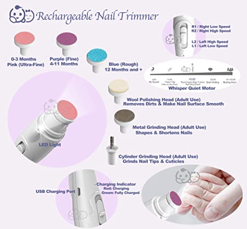 Rechargeable Baby Nail Clippers 20 in 1 by Royal Angels | Electric Baby Nail Trimmer, Baby Nail File Kit, Additional Replacement Heads, Newborn Toddler Toes and Fingernails, Trim and Polish (Snow)