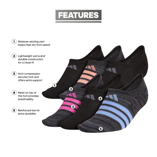 adidas Womens Superlite (6-pair) Super No Show Sock, Black/Blue Fusion/Onix Grey, Medium US