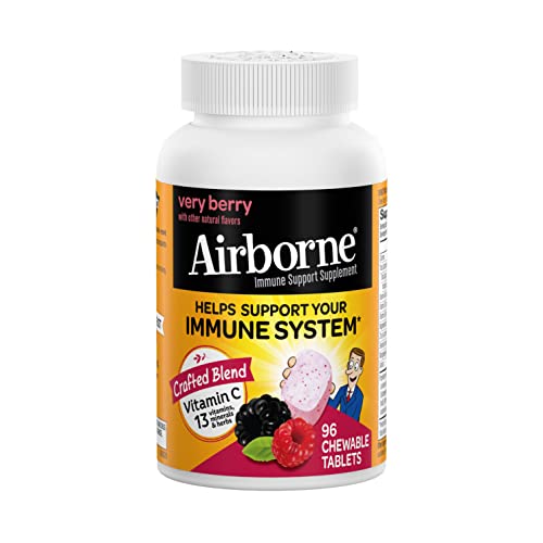 Airborne 1000mg Vitamin C Chewable Tablets with Zinc, Immune Support Supplement with Powerful Antioxidants Vitamins A C and E - 96 Chewable Tablets, Very Berry Flavor