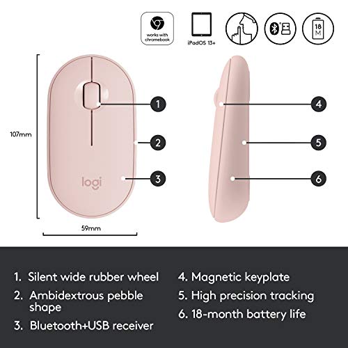 Logitech Pebble Wireless Mouse with Bluetooth or 2.4 GHz Receiver, Silent, Slim Computer Mouse with Quiet Clicks, for Laptop/Notebook/iPad/PC/Mac/Chromebook - Pink Rose