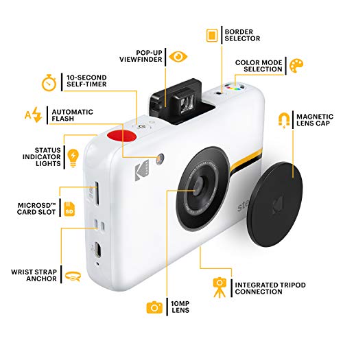 Kodak Step Camera Instant Camera with 10MP Image Sensor, ZINK Zero Ink Technology, Classic Viewfinder, Selfie Mode, Auto Timer, Built-in Flash and 6 Picture Modes | White.