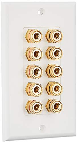 Monoprice 103539 Banana Binding Post Two-Piece Inset Wall Plate – White – Coupler Type For 5 Speakers