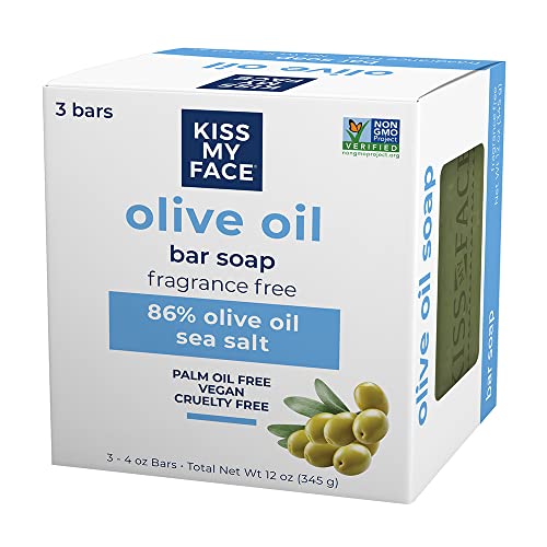 Kiss My Face Olive Oil Fragrance Free Bar Soap, Moisturizing Bar Soap, Cruelty Free Vegan Soap, Palm Oil Free, 4 Oz Per Bar, 3 Pack