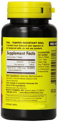 Mason Vitamins B-12 1000Mcg Sublingual Cyanocobalamin Tablets, 100-Count Bottles (Pack of 3)
